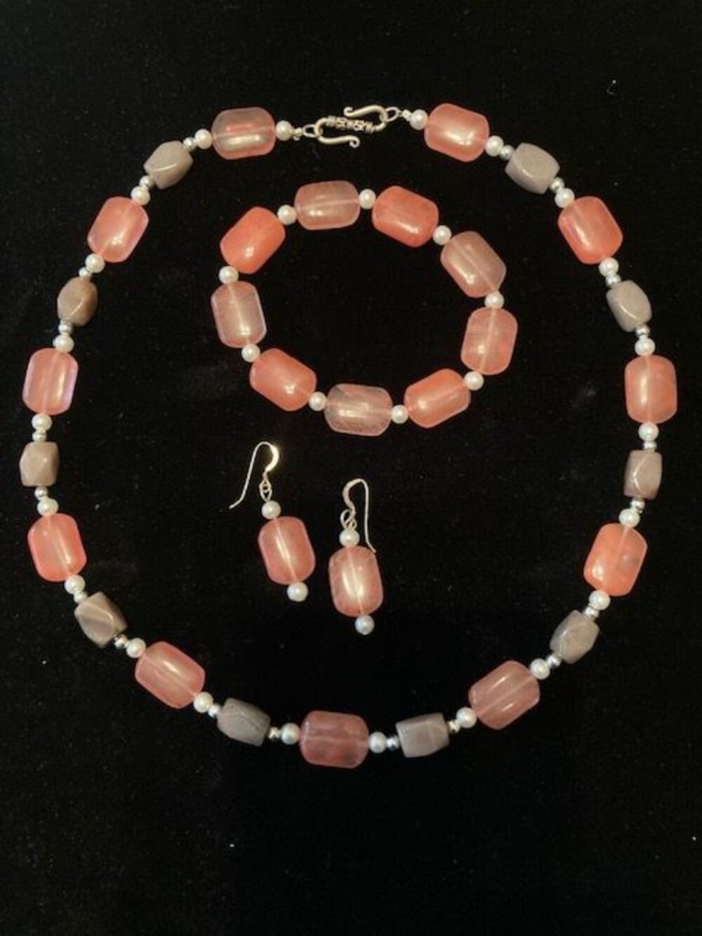 Coral and Brown Beads Necklace, Bracelet and Earring Set
